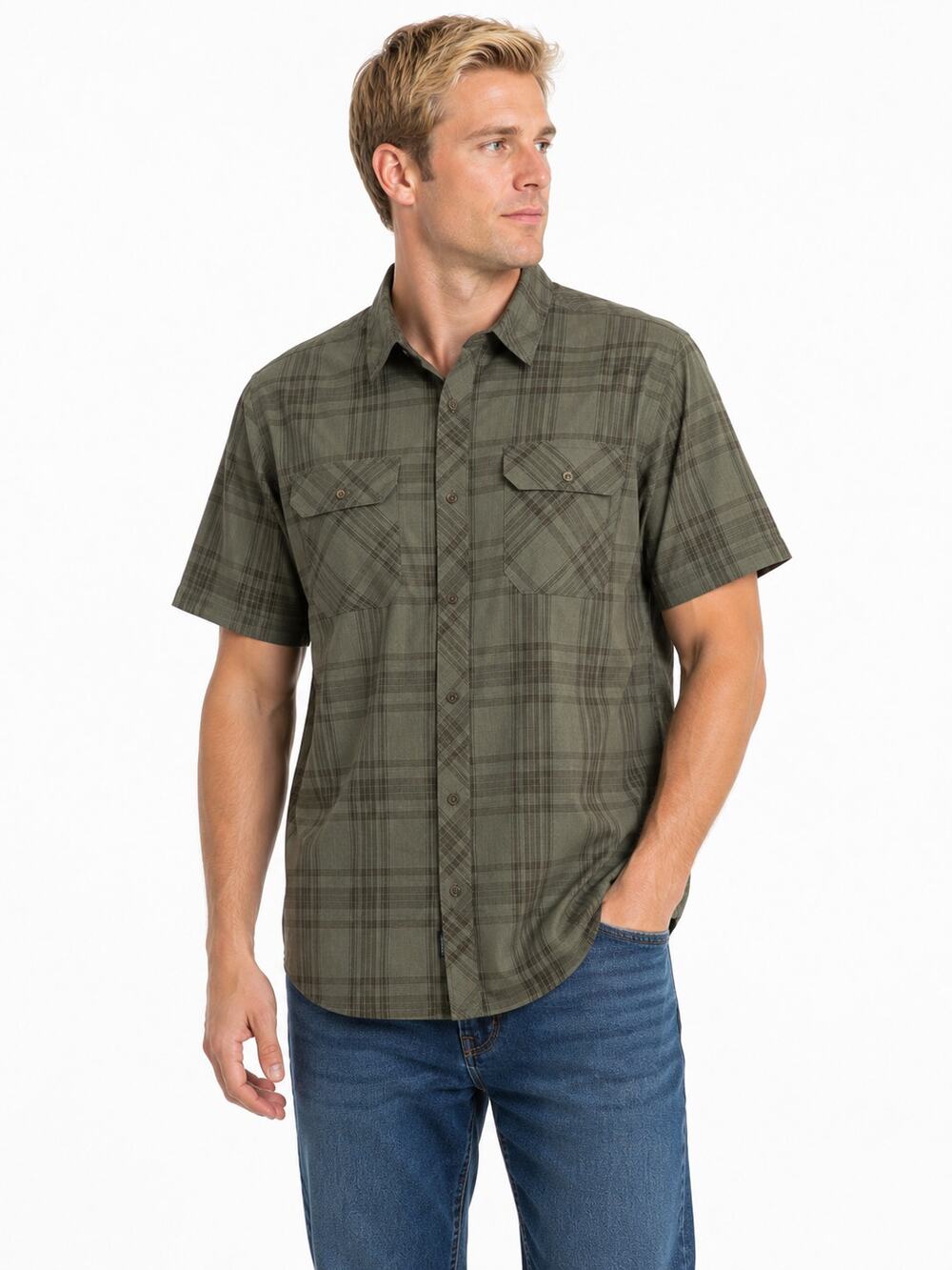 L206 ZeroXposur Mens XL Olive Plaid Short Sleeve Travel Shirt